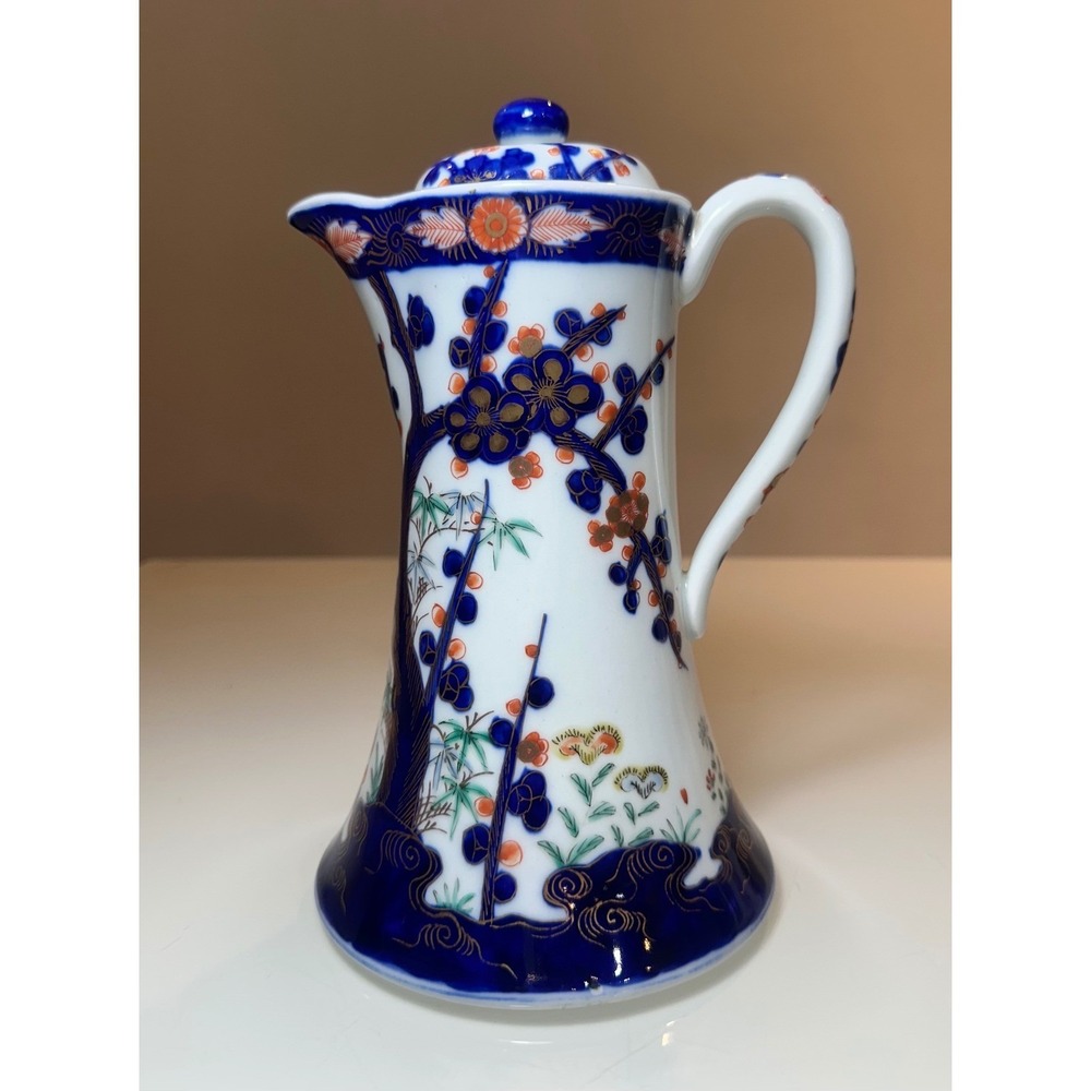 Antique Japanese Imari Porcelain Chocolate Pot Blue Orange Gold Hand Painted